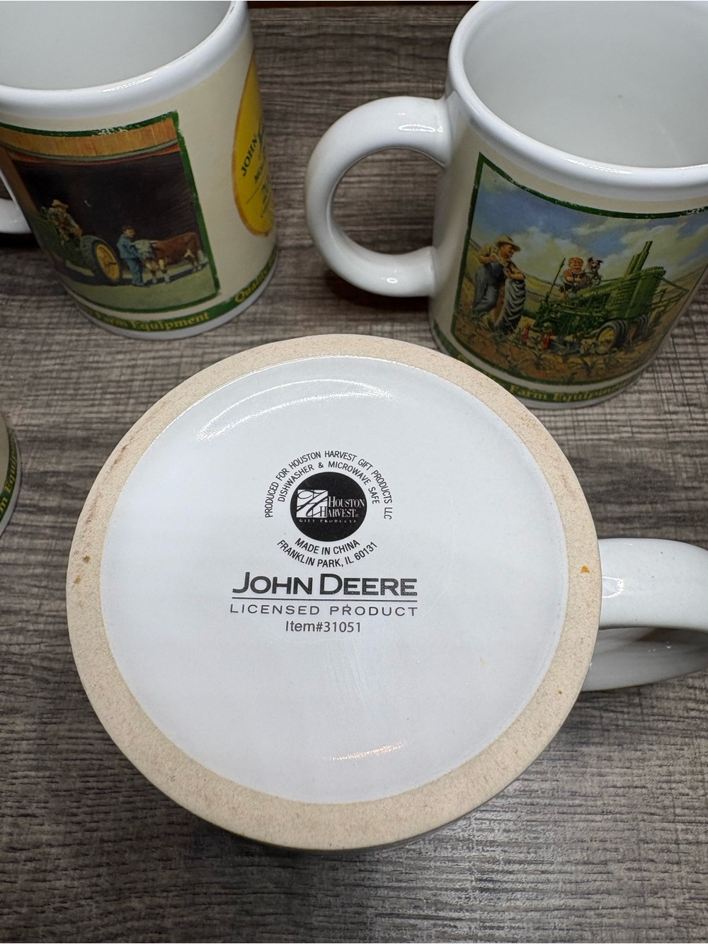 John Deere White Ceramic Mug with Farm Scene Panels all 4 cups